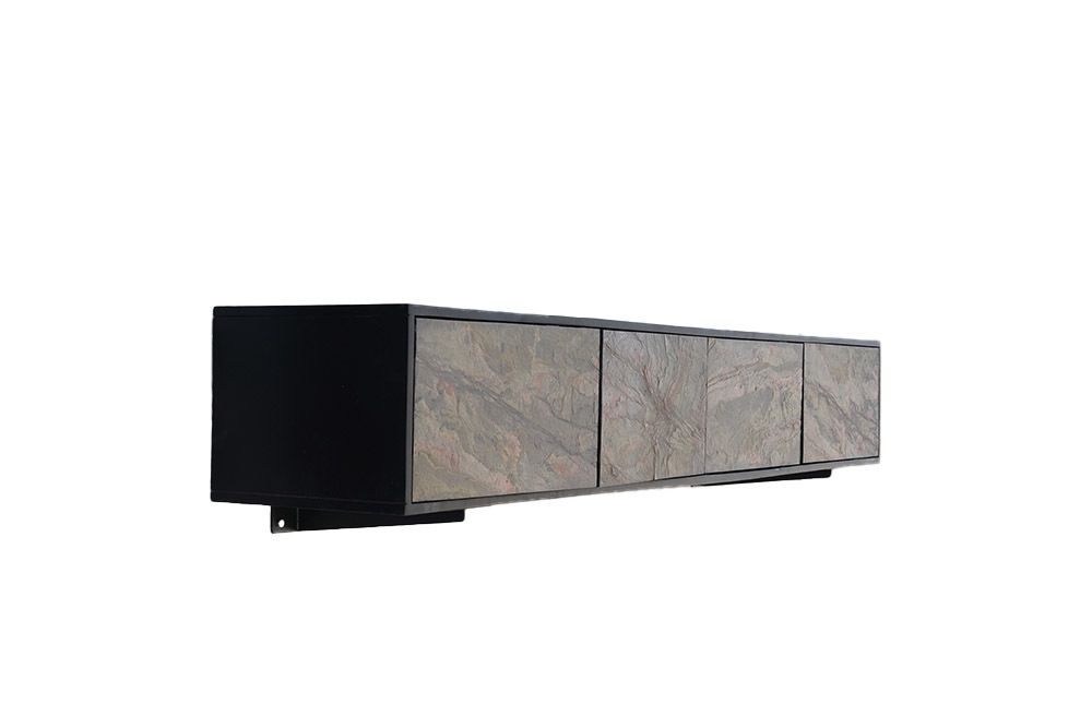 Massivholz TV-Lowboard MOUNTAIN SOUL 200cm Akazie grün bronze hängend Naturstein schwarz