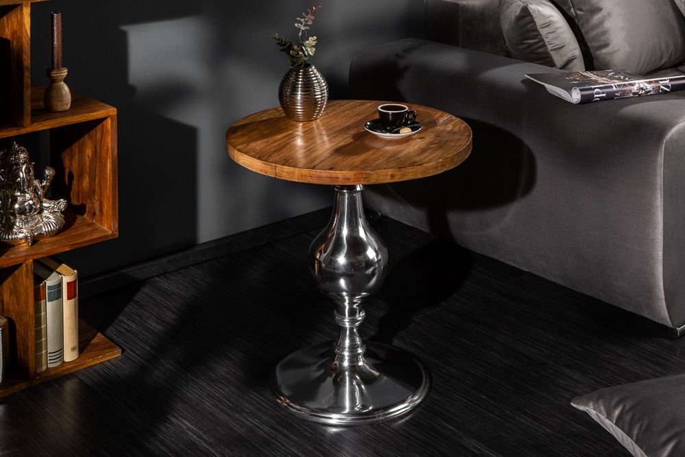 Design Beistelltisch EXTRAVAGANCIA 60cm Mangoholz massiv rund Metall Säulenfuß silber