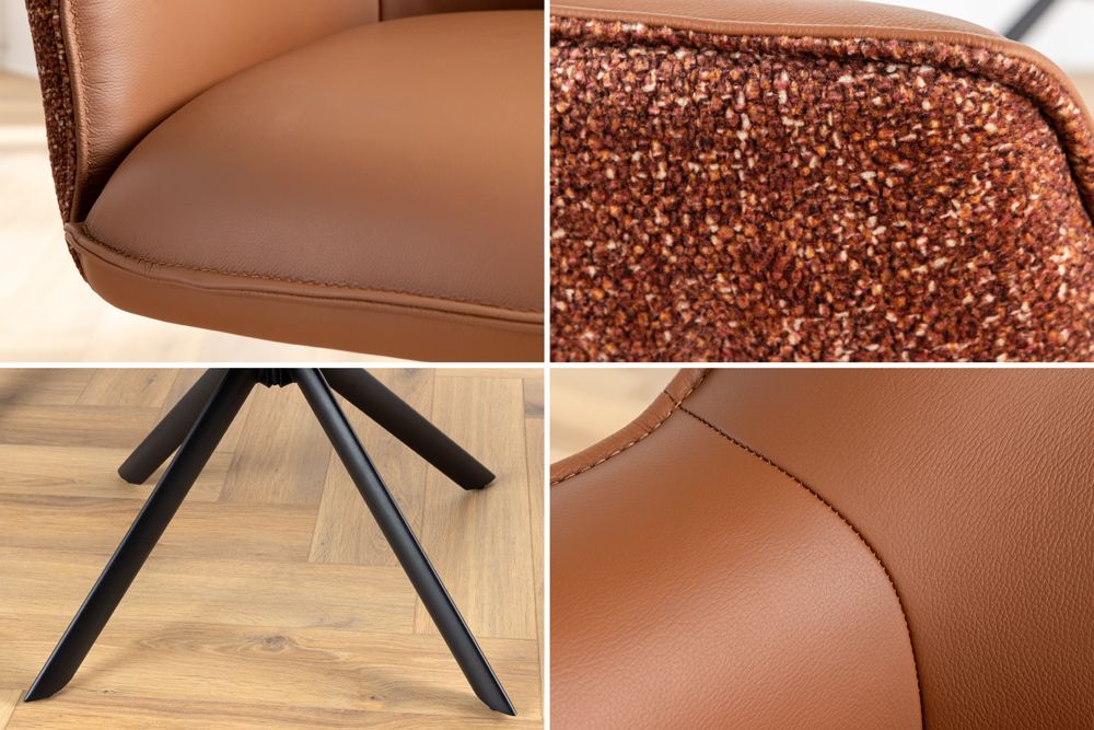 Drehbarer Stuhl LE GRAND cognac Echtleder Strukturstoff schwarzes Metallgestell