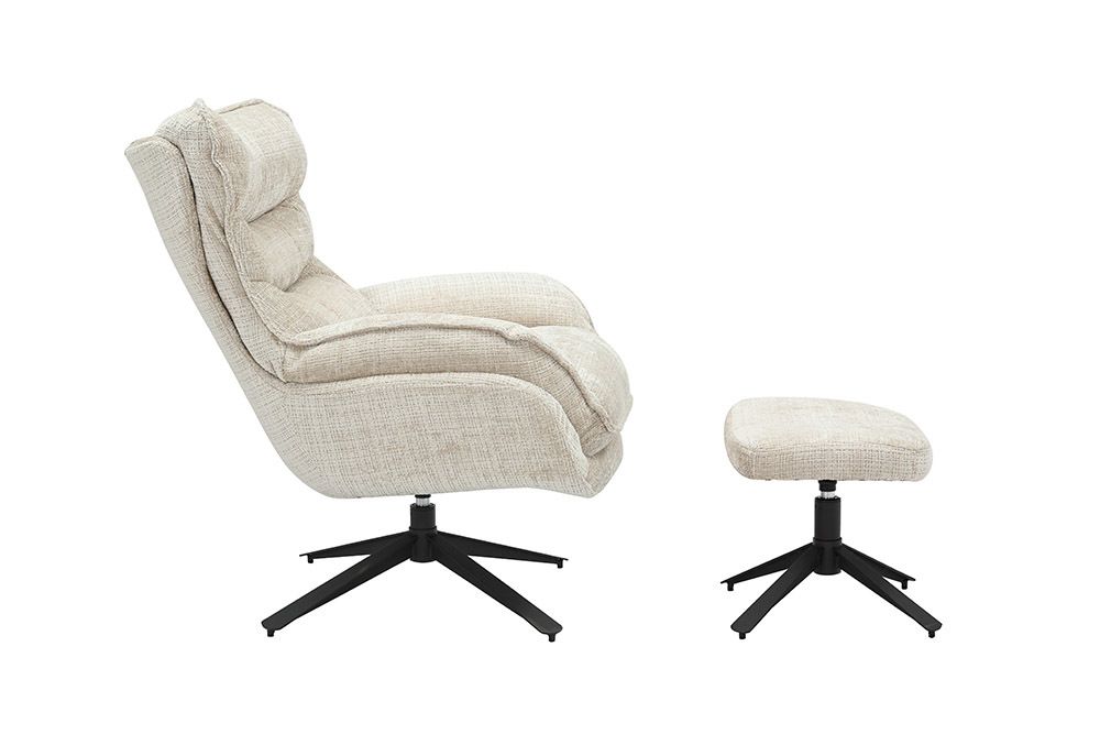 Drehbarer Hocker CLOUD champagner beige Chenillestoff schwarz Metall Fußhocker