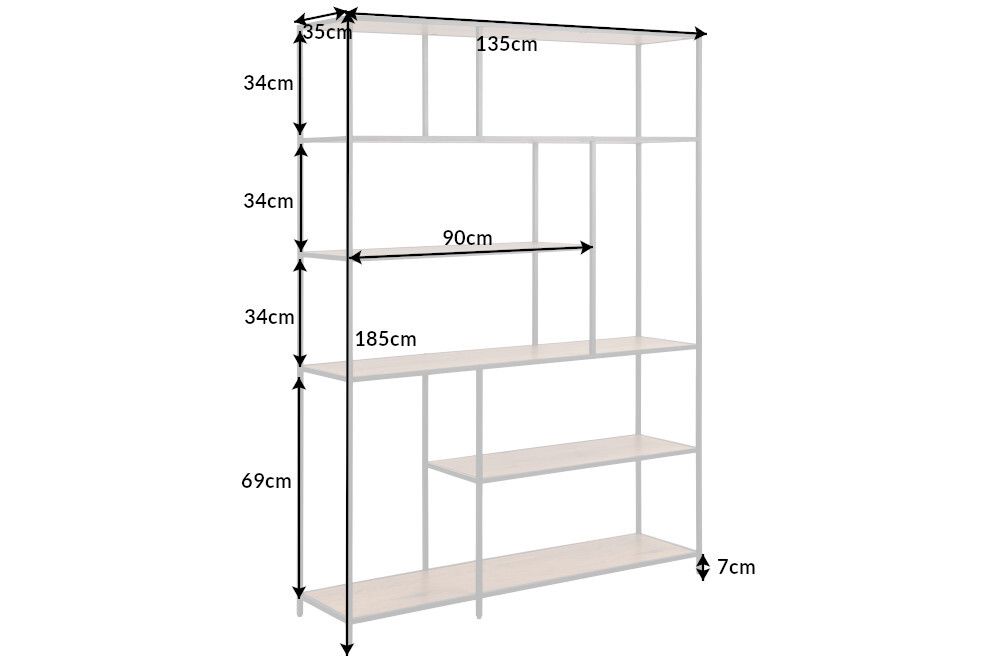 Industrial Bücherregal SLIM LINE 185x135cm Wildeiche schwarz sechs Regalböden