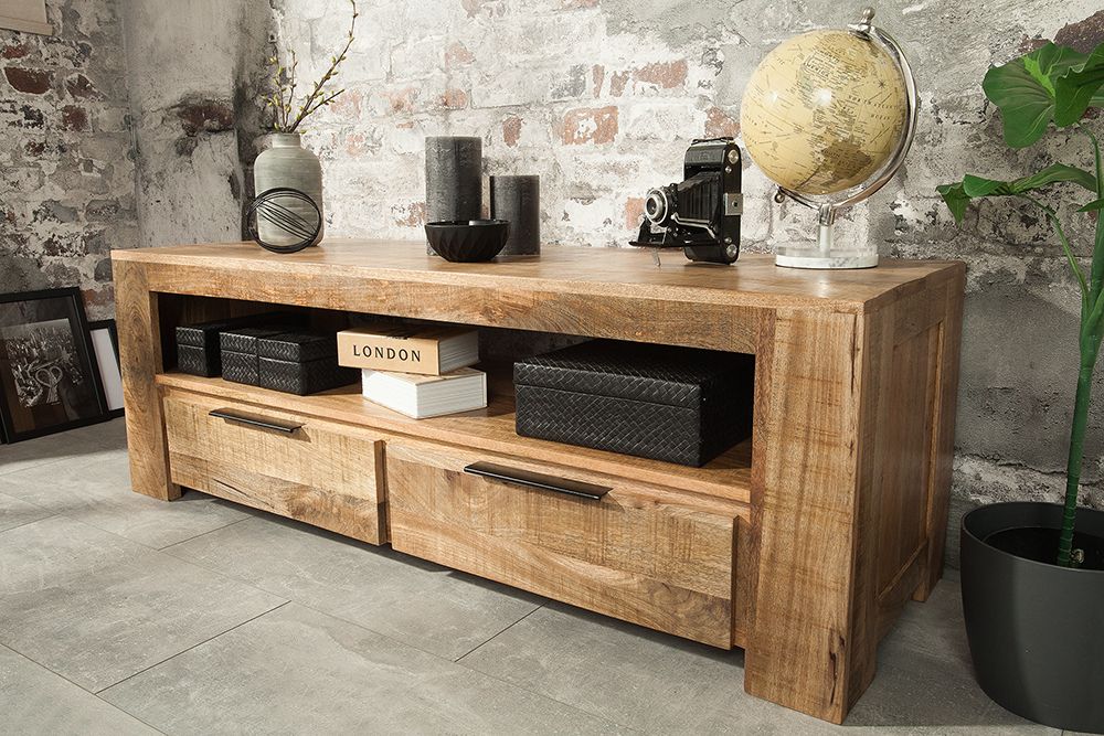 Massives TV-Board IRON CRAFT 130cm Mangoholz Lowboard 2 Schubladen