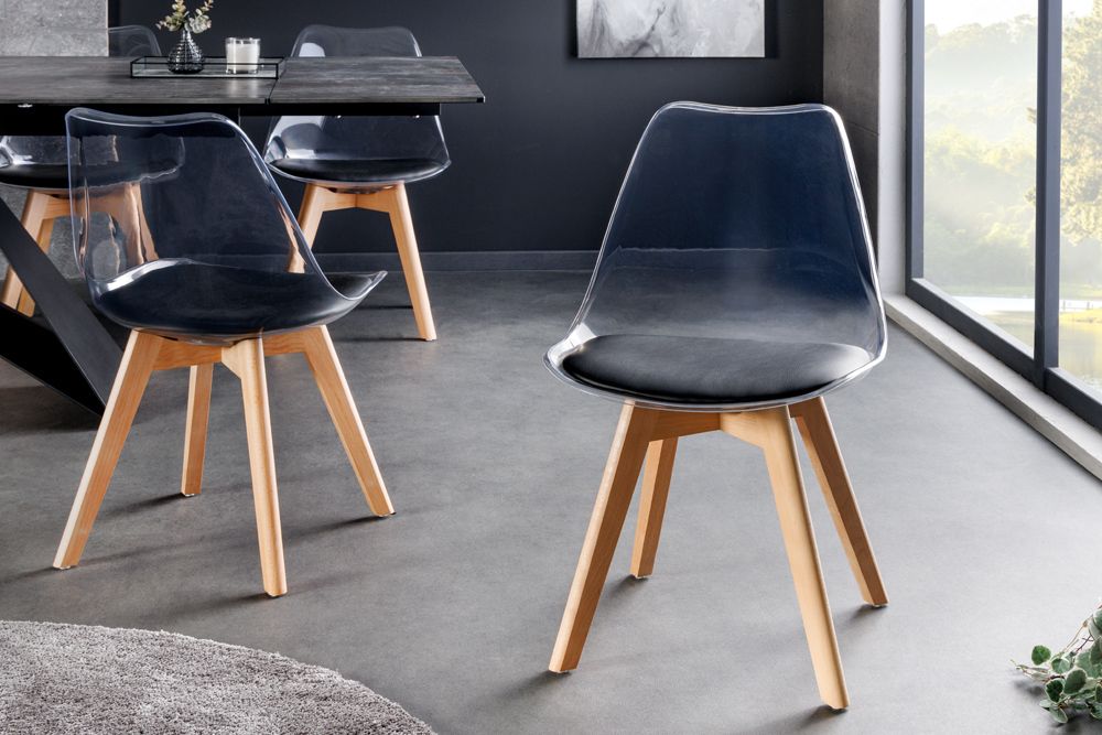 Design Stuhl SCANDINAVIA MEISTERSTÜCK transparent schwarz Kunststoff Buchenholz natur