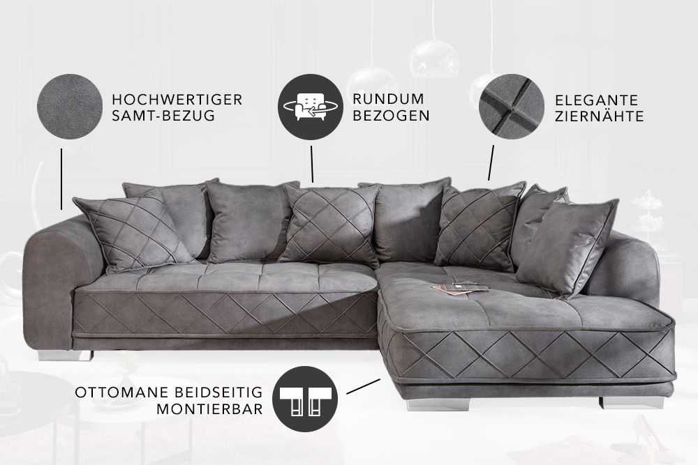 Modernes XXL Ecksofa DECADENCIA 320cm silbergrau Samt Bigsofa inkl. Kissen