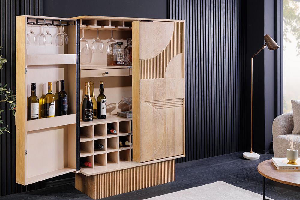 Design Barschrank ART DECO 140cm weiß gekälkt Mangoholz 3D-Front