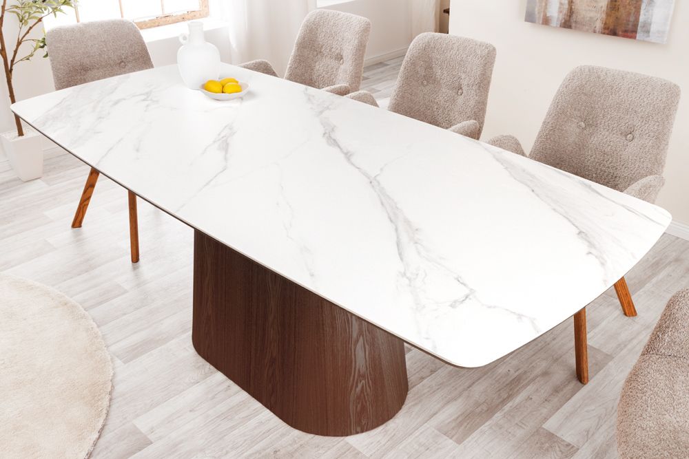 Design Esstisch UNIQUE 200cm weiß Walnuss Keramik Marmor Säulenfuß