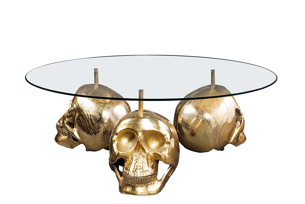Design Couchtisch SKULL XXL 90cm gold rund Glasplatte Metall Totenkopf handmade