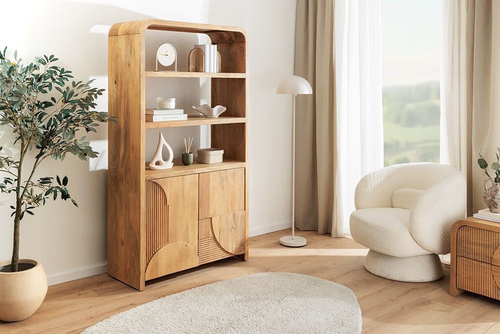 Massives Regal ART DECO 175cm cream finish beige Mangoholz abgerundet mit 3D-Front