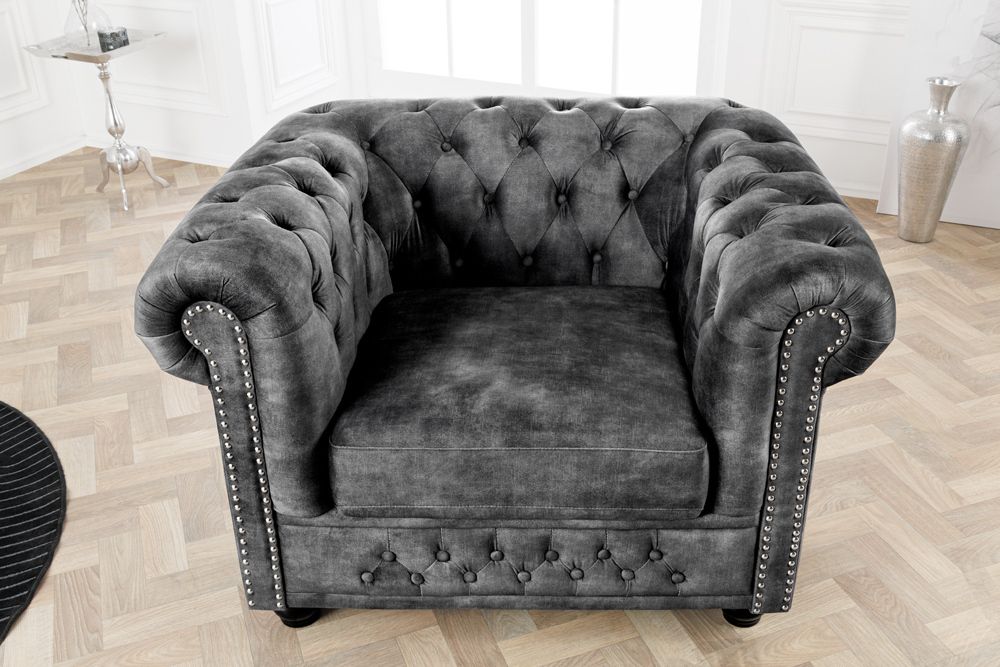 Barocker Sessel CHESTERFIELD grau Samt Federkern mit Knopfheftung