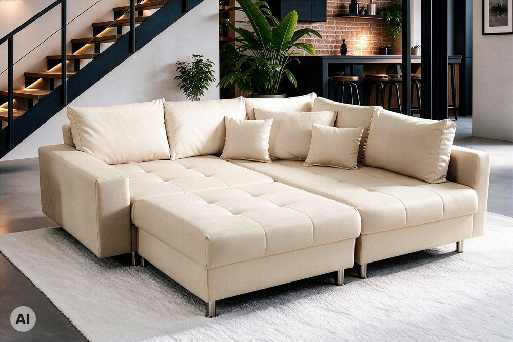 Moderne Wohnlandschaft KENT 220cm champagner beige Vogue Velours Samt Federkern mit Hocker