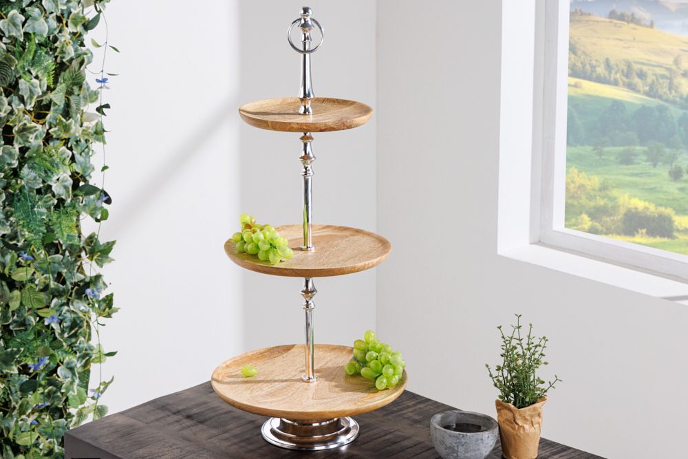 Dekorative Etagere PURE NATURE 68cm silber Mangoholz handmade drei Etagen