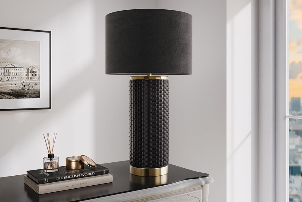 Moderne Tischlampe ELEGANCIA 70cm schwarz gold Keramik rund Stoffschirm