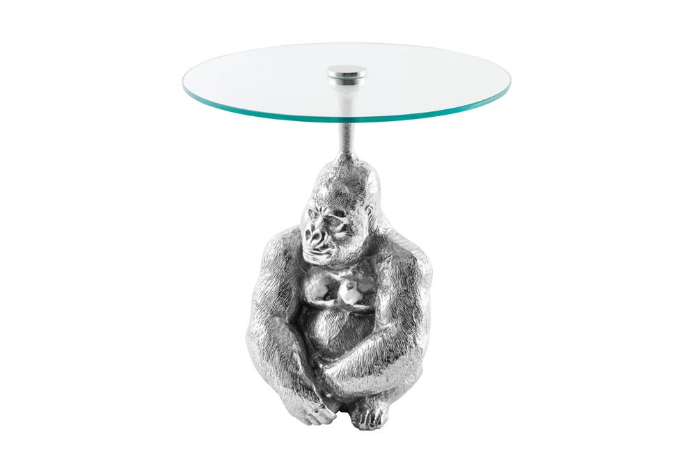 Runder Beistelltisch KONG 50cm silber Metall Glas Affenfigur Gorilla Skulptur