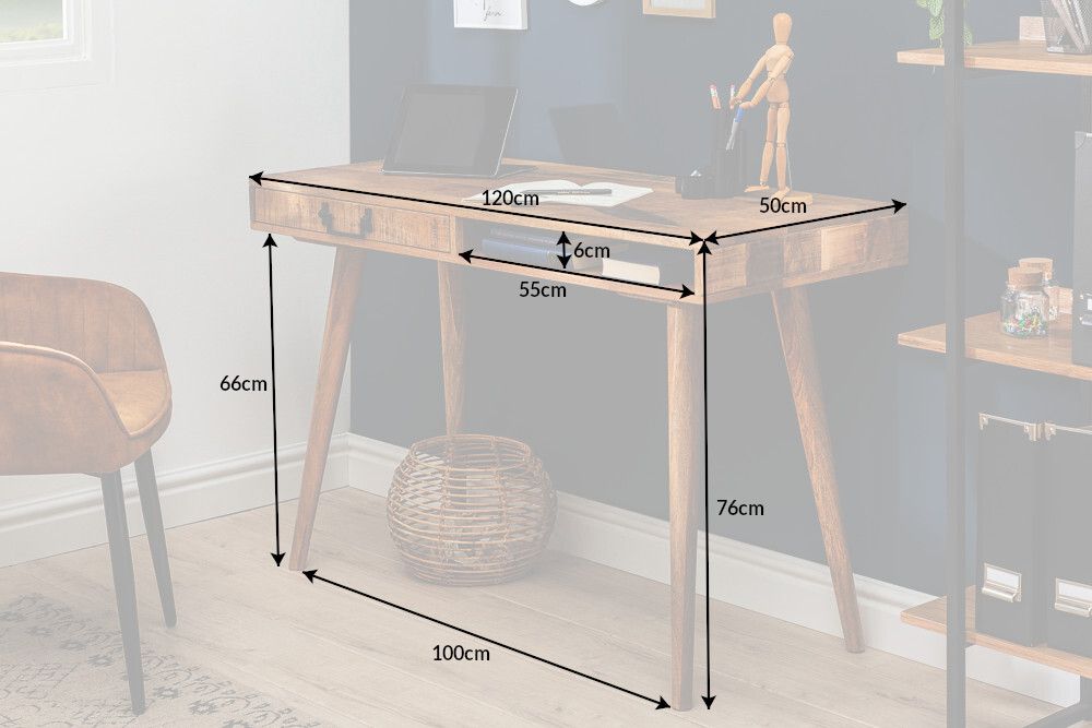 Massiver Schreibtisch RETRO 120cm Mangoholz Bürotisch mit Schublade