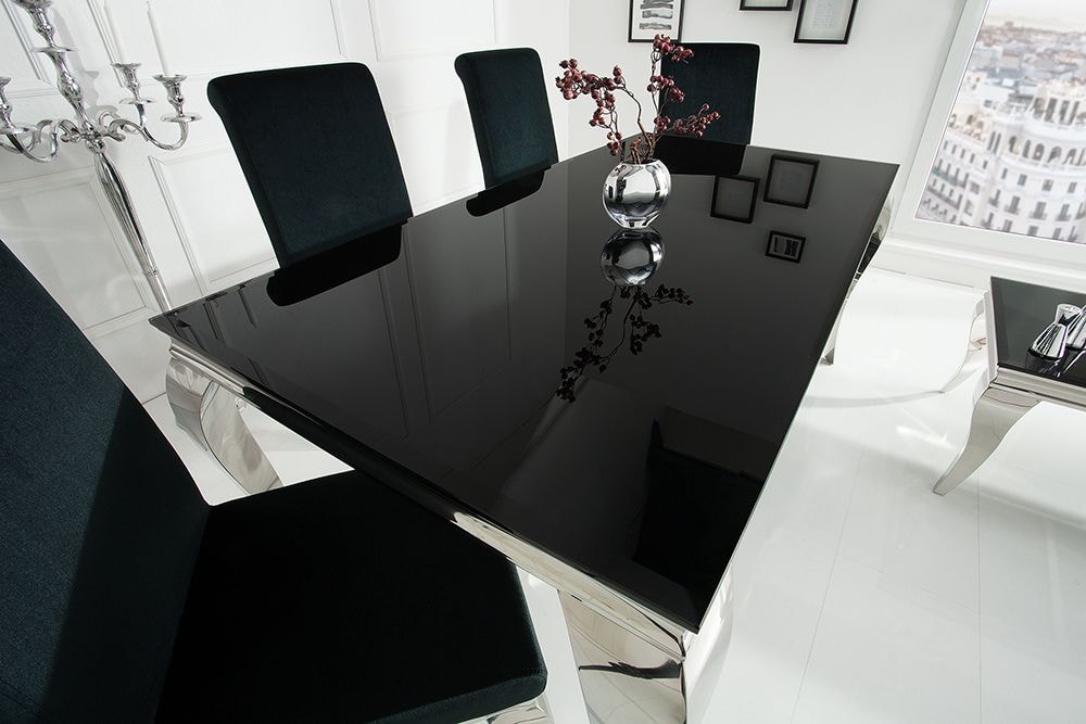 Eleganter Design Esstisch MODERN BAROCK 180cm schwarz Edelstahl Opalglas Tischplatte