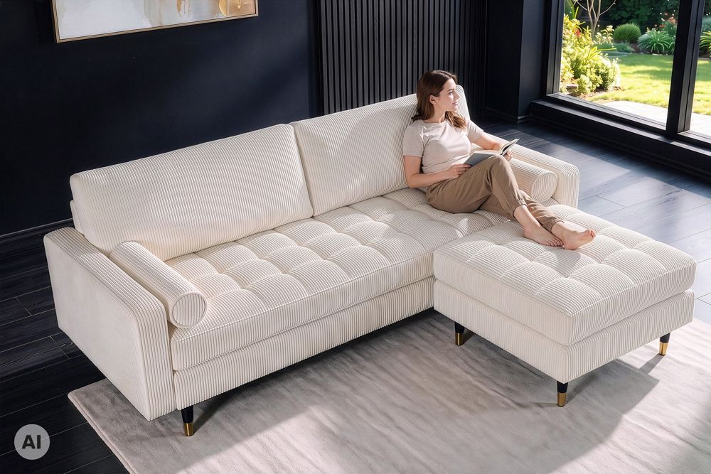 Design Hocker COZY VELVET 80cm beige gold Cord Metallfüße