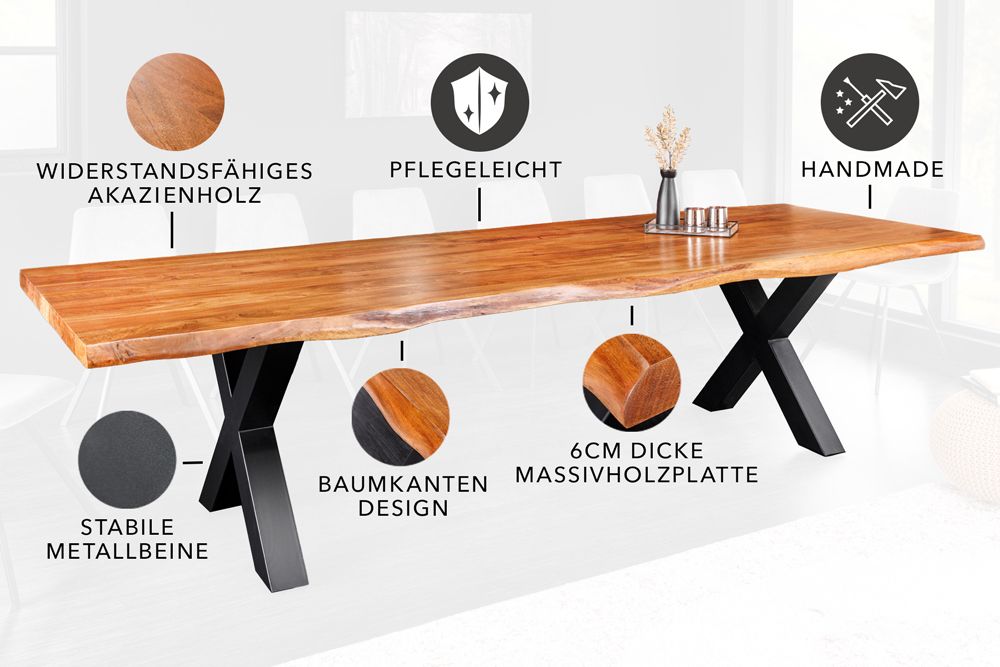 Massivholz Esstisch MAMMUT 300cm Akazie X-Gestell schwarz Metall Baumkante 6cm Tischplatte
