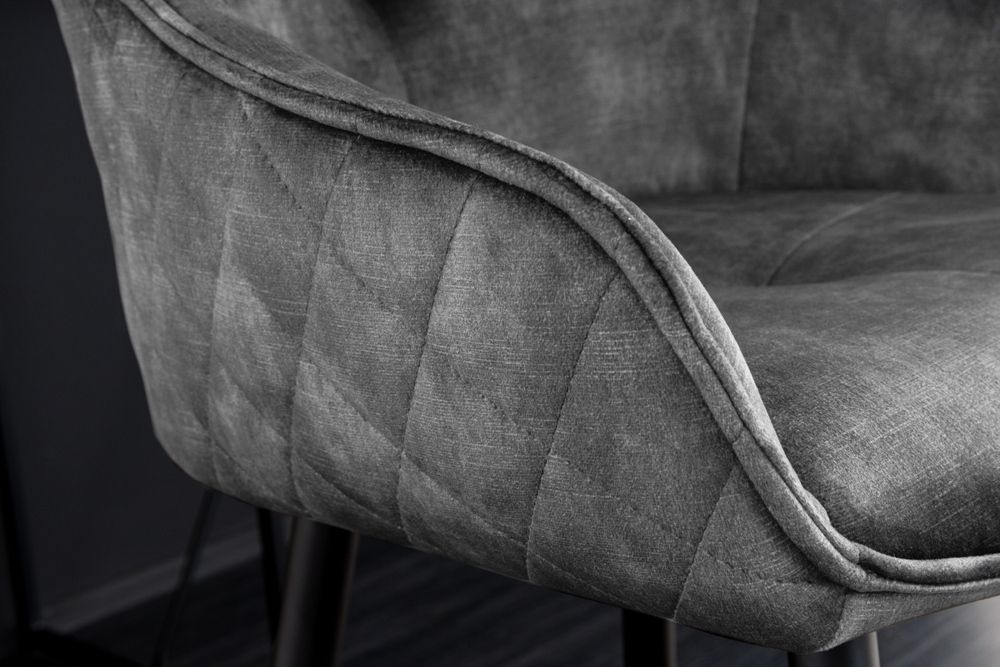 Design Barhocker EUPHORIA grau Samt schwarze Metallbeine Barstuhl mit Lehne