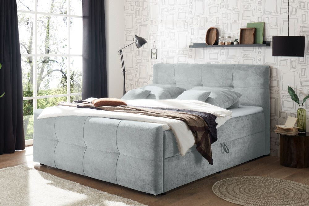 Modernes Boxspringbett TOULOUSE 160x200cm silbergrau inkl. Matratze Topper Stauraum