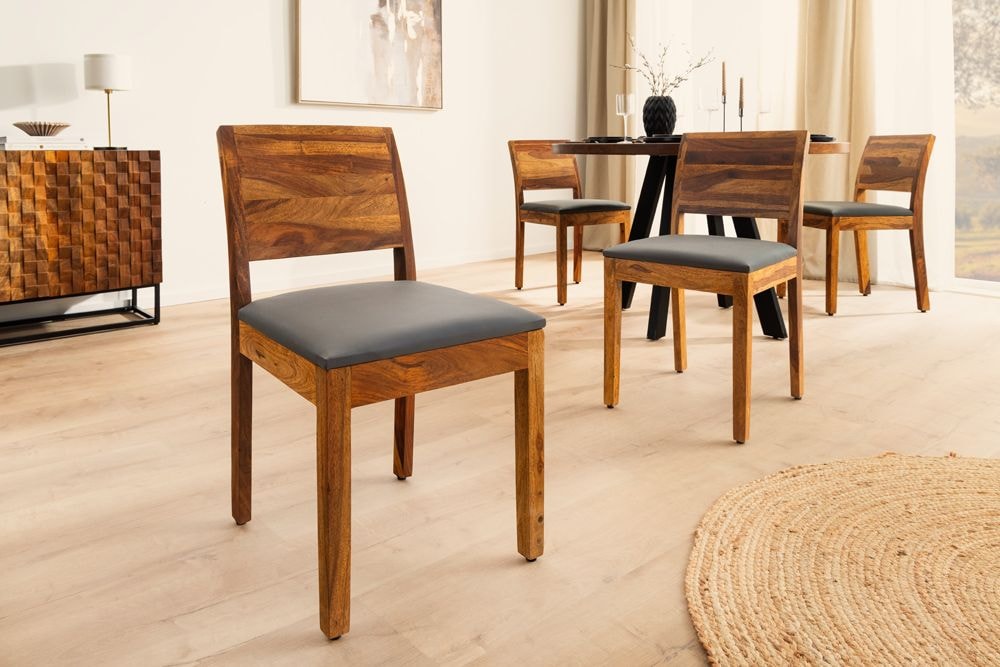 Massivholz Stuhl PURE braun stone finish dunkelgrau Sheesham mit Kunstlederbezug