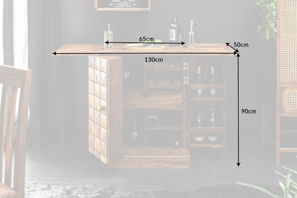Handgearbeiteter Barschrank MOSAICO 130cm braun Sheeshamholz stone finish 3D Effekt