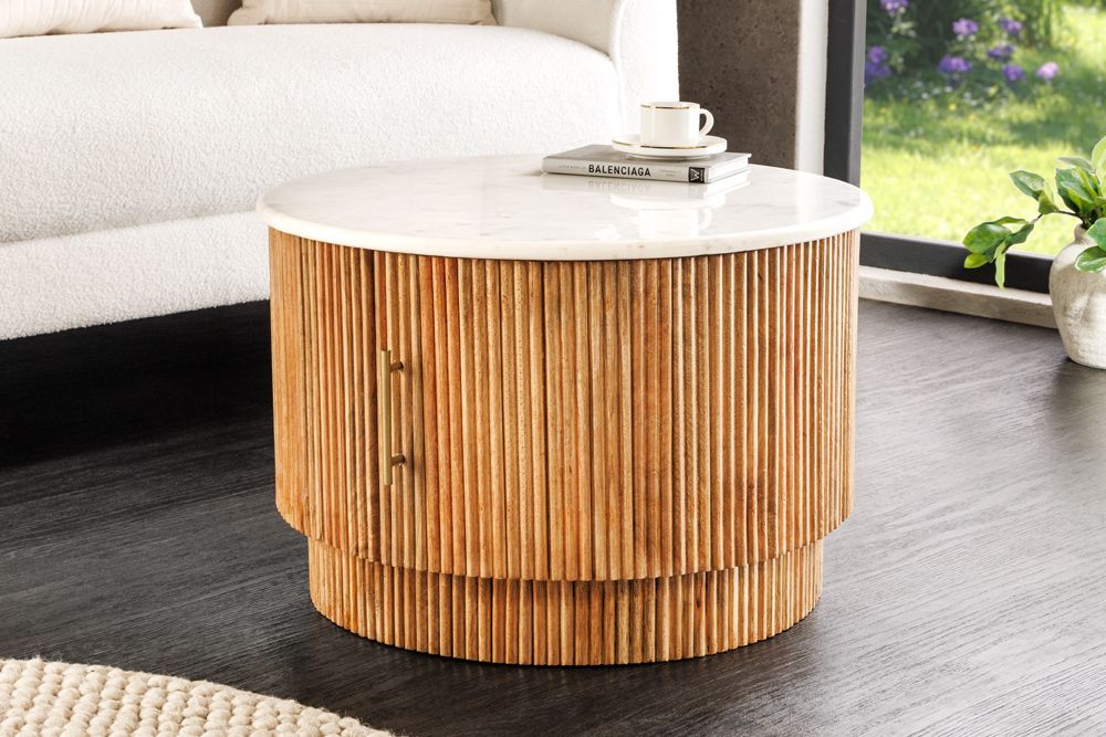 Runder Couchtisch TRES CHIC 60cm weiß Marmor natur Mangoholz mit Stauraum