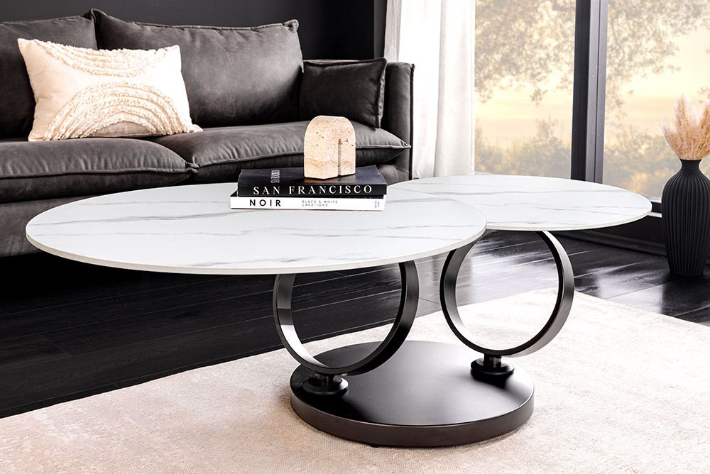 Design Couchtisch DANCING RINGS weiß rund drehbar Marmor Keramik schwarz Metall