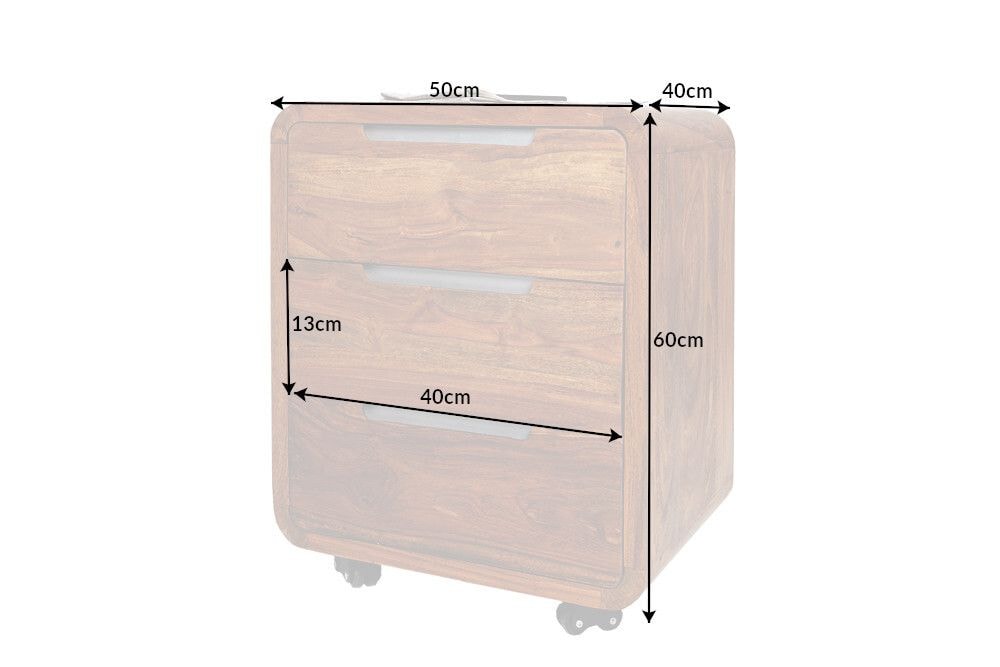 Massiver Rollcontainer CUBUS 60cm braun Sheeshamholz stone finish drei Schubladen
