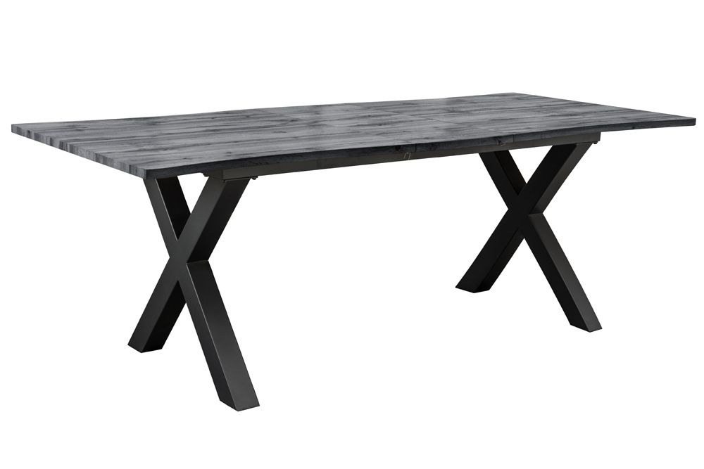 Ausziehbarer Esstisch WILD 180-220cm grau gekälkt Wildeichen-Design Baumkante schwarz