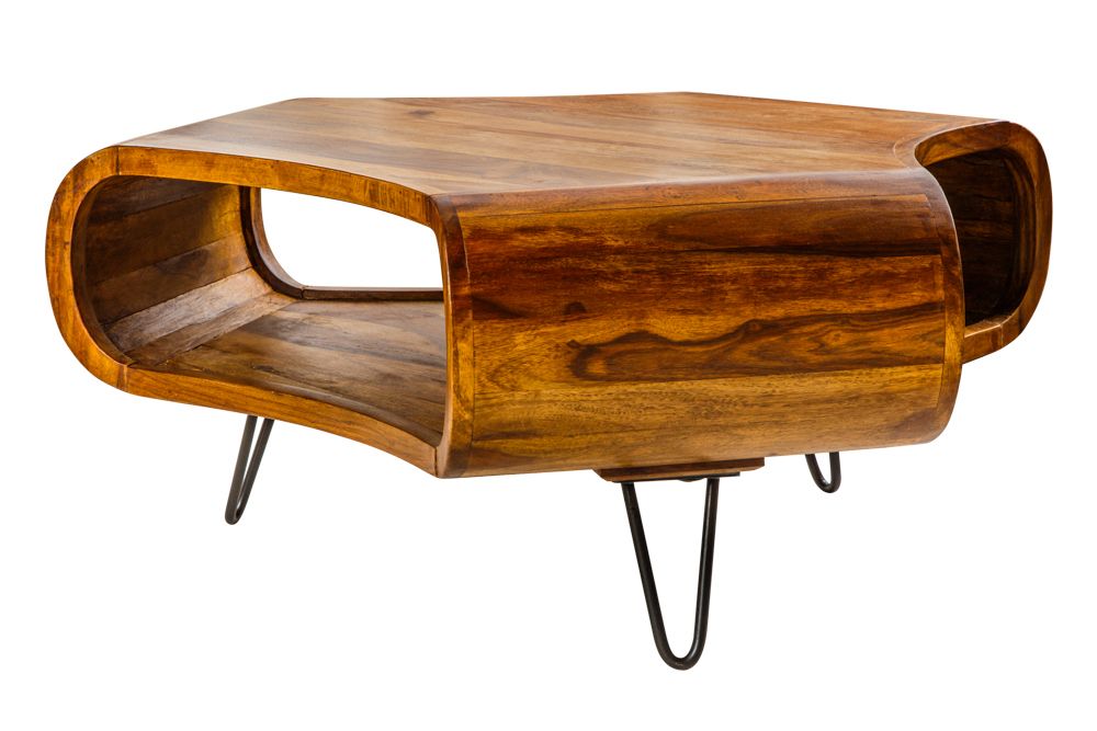 Retro Couchtisch ORGANIC LIVING 90cm braun Sheesham Massivholz stone finish Stauraum