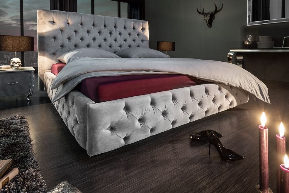 Design Doppelbett PARIS 180x200cm silber grau Samt Chesterfield
