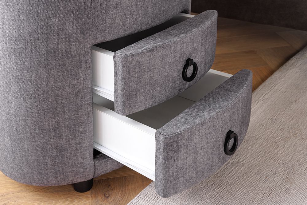Nachttisch SIGNUM 55cm oval grau Vogue Seiden Samtstoff inkl. Beleuchtung Schubladen