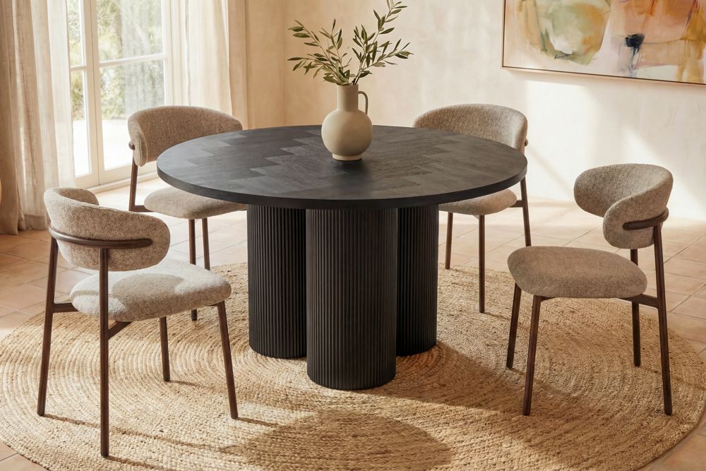Design Esstisch BABYLON 120cm schwarz Fischgrät Eiche rund mit drei Säulenfüßen