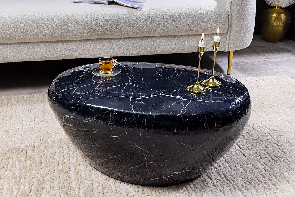 Handgefertigter Couchtisch STONE 75cm schwarz Marmor-Design Metall