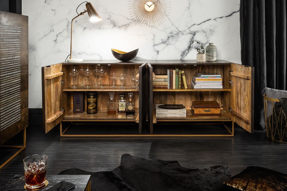 Massives Sideboard ONYX 180cm dunkelbraun Mangoholz Edelstein Achat gold Metallgestell