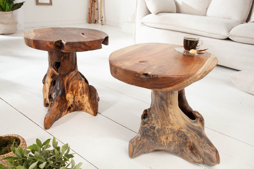 Massiver Beistelltisch ROOT 40cm Teakholz Hocker aus Wurzelholz