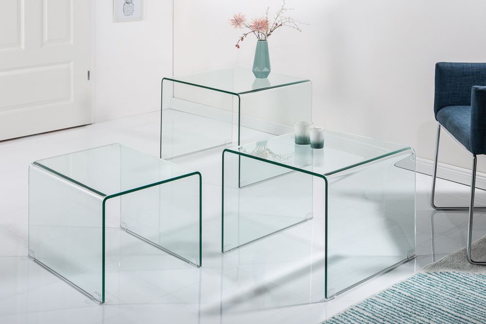 Design 3er Set Glas Couchtisch FANTOME 60cm Beistelltische transparent