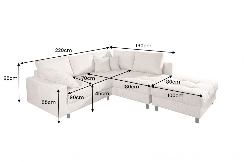 Ecksofa KENT 220cm champagner beige Chenille inkl. Hocker Federkern Wohnlandschaft