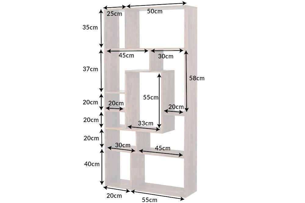 Massives Bücherregal CUBUS 180cm braun Sheesham stone finish einzigartige Maserung