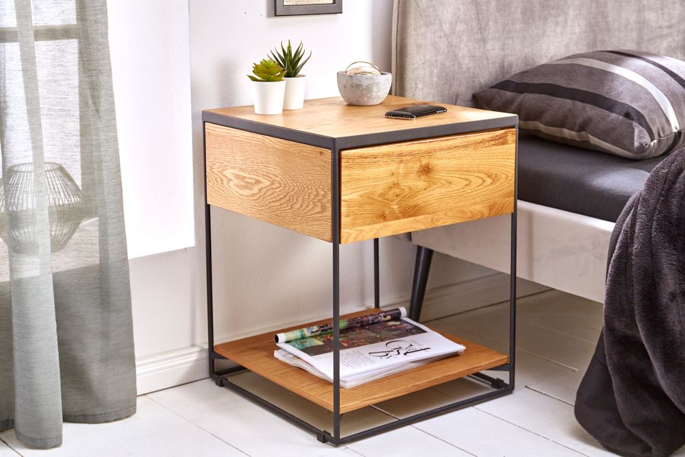 Moderner Beistelltisch SCORPION 50cm Wildeichen-Design Metall Nachttisch mit Schublade