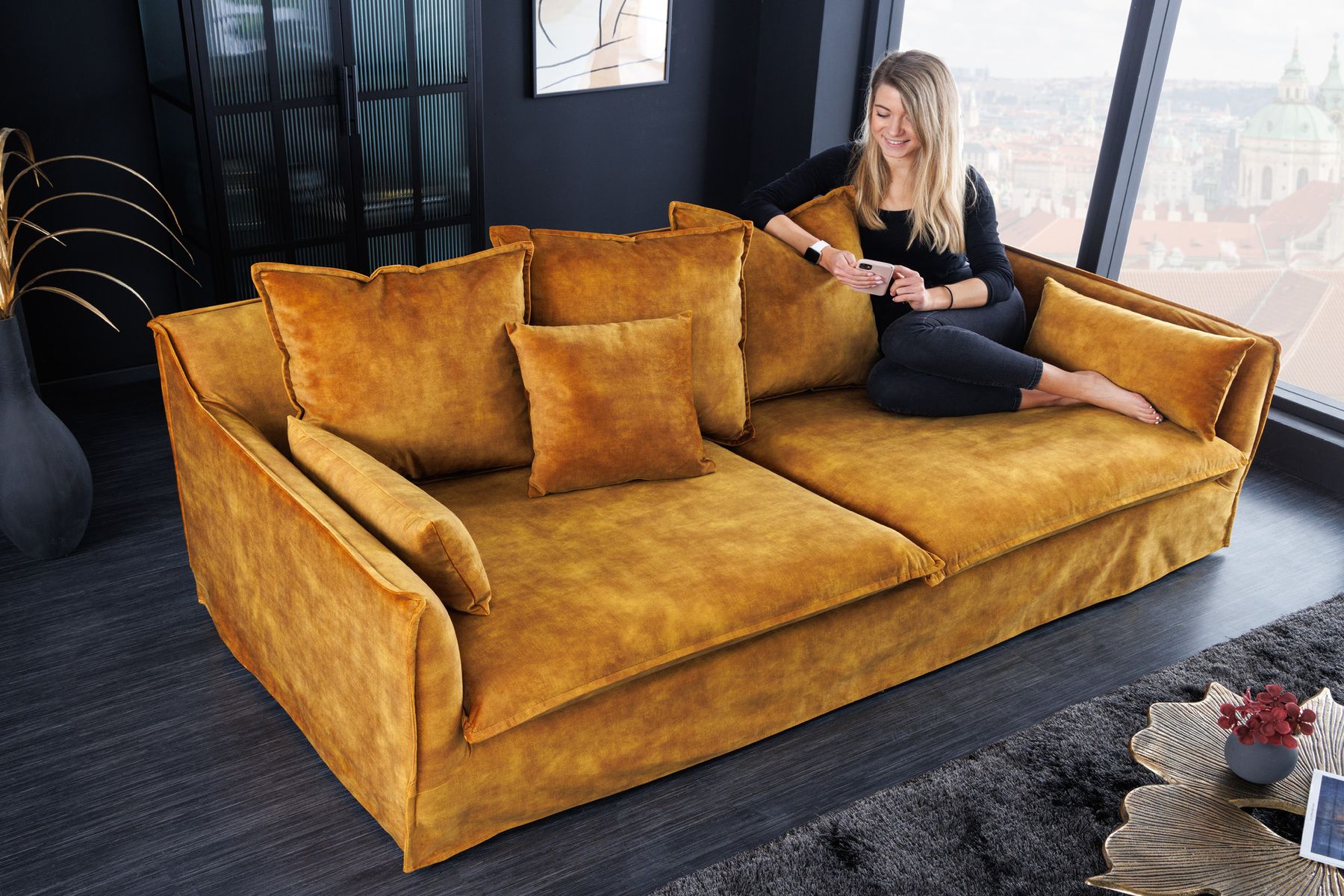 Großes 3-Sitzer Sofa HEAVEN 200cm senfgelb Samt Federkern waschbarer Bezug Hussensofa Couch