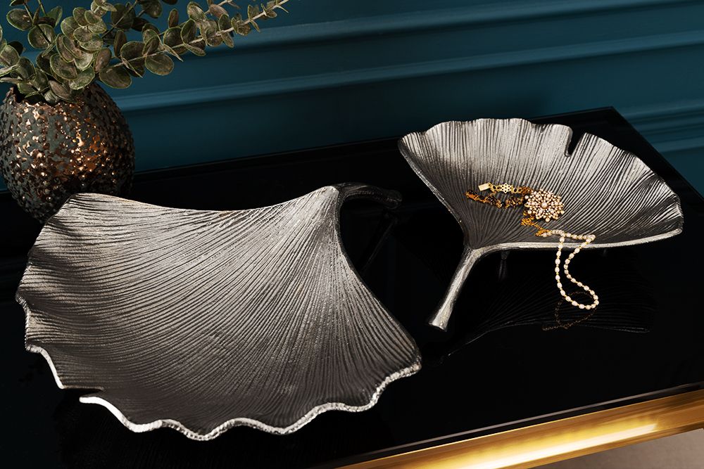 Dekorative Schale GINKGO 45cm silber handmade Metall