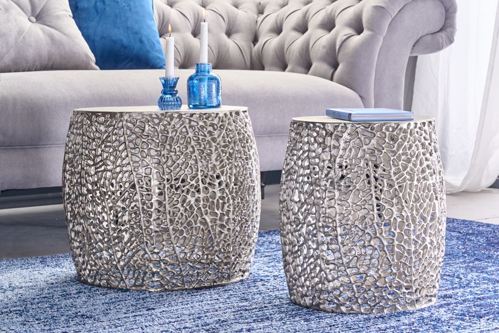 2er Set filigraner Design Couchtisch ABSTRACT LEAF antik silber Handarbeit rund
