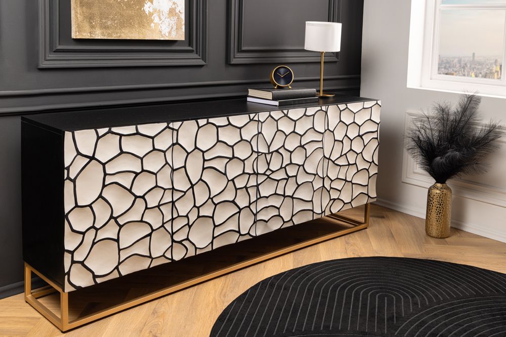 Massivholz Sideboard VULCANO 180cm weiß schwarz Mangoholz mit 3D Schnitzereien handmade Metallgestell gold