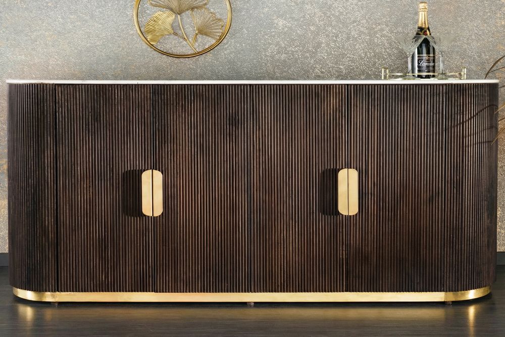 Design Sideboard GATSBY 170cm braun gold Mangoholz weiße Marmorplatte