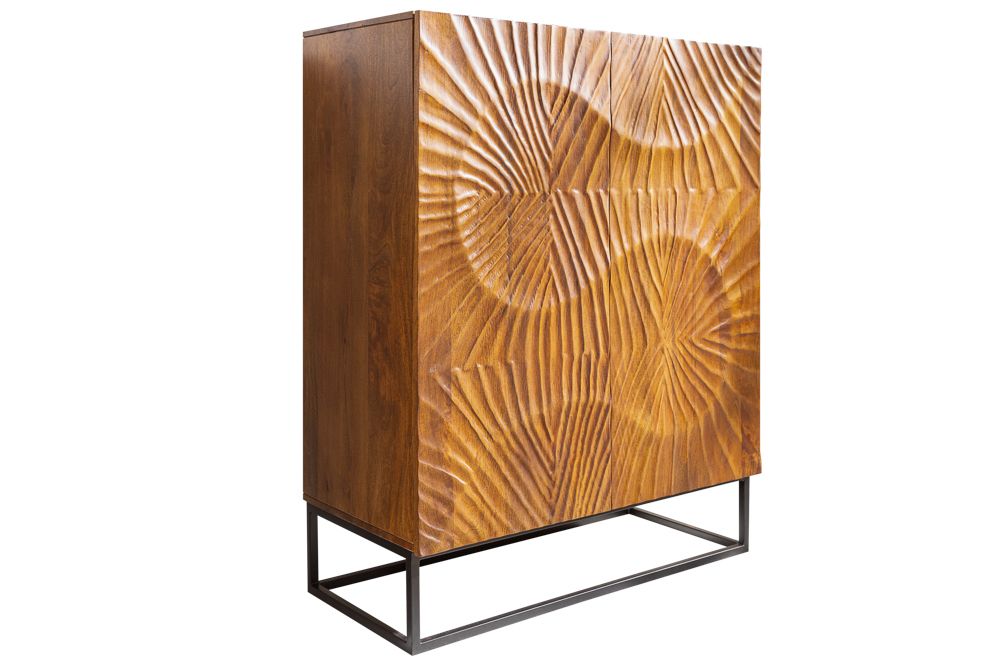 Massives Highboard SCORPION 120cm braun Mangoholz aufwendige 3D Schnitzereien