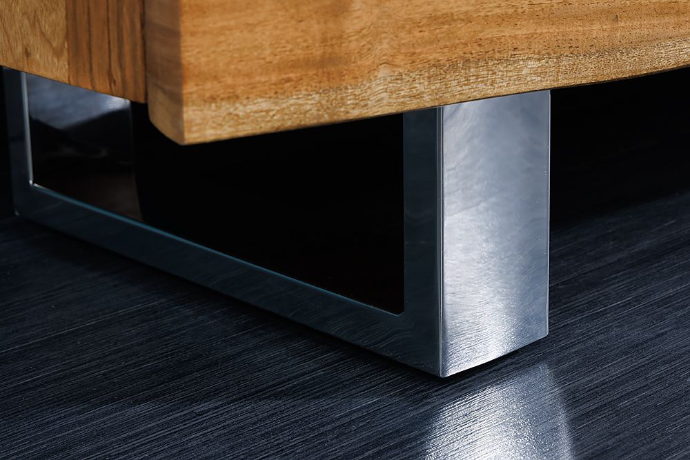Massivholz Sideboard MAMMUT 170cm Akazie Baumkante mit Schubladen Kufengestell Edelstahl