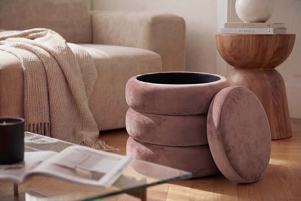 Runder Polsterhocker VOGUE 40cm rosa Samt mit Stauraum