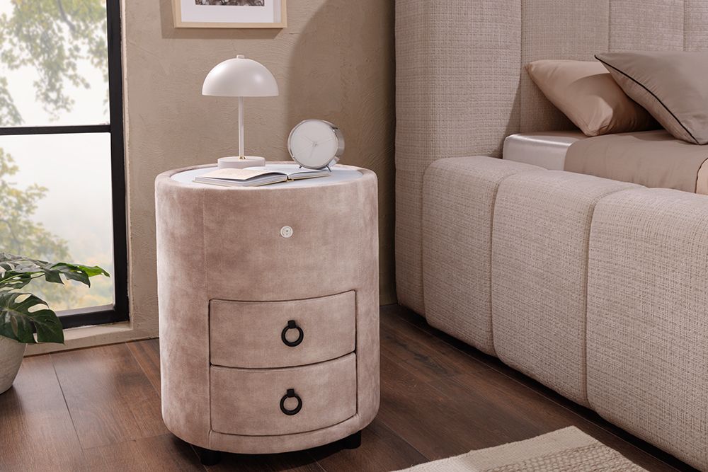 Runder Nachttisch SIGNUM 55cm champagner beige Vogue Seiden Samtstoff inkl. Beleuchtung