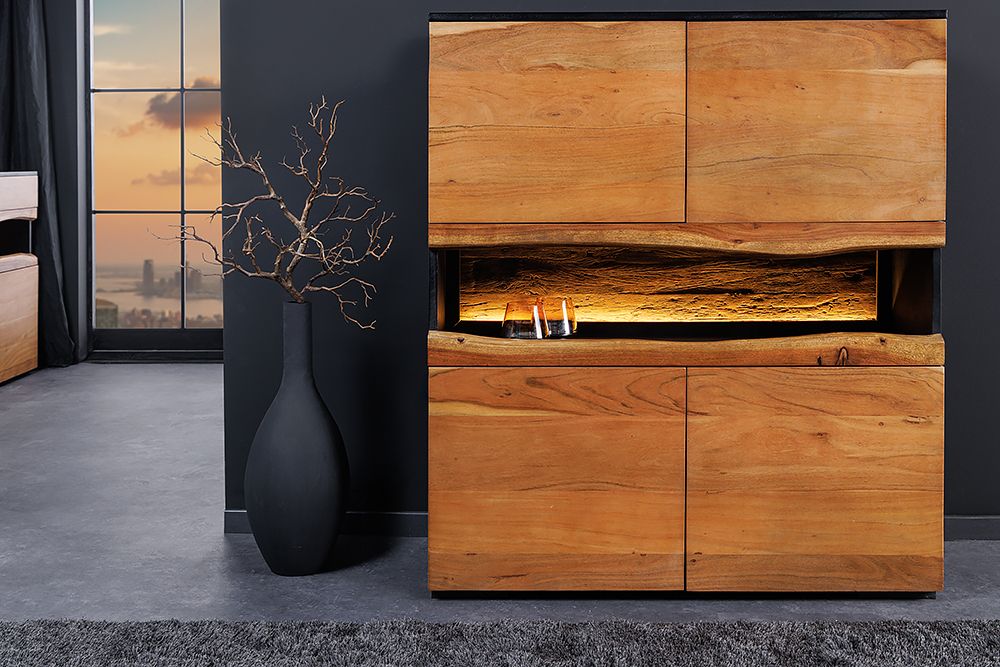 Massivholz Highboard GRAND ACACIA 120cm braun Akazie mit LED-Beleuchtung Baumkante
